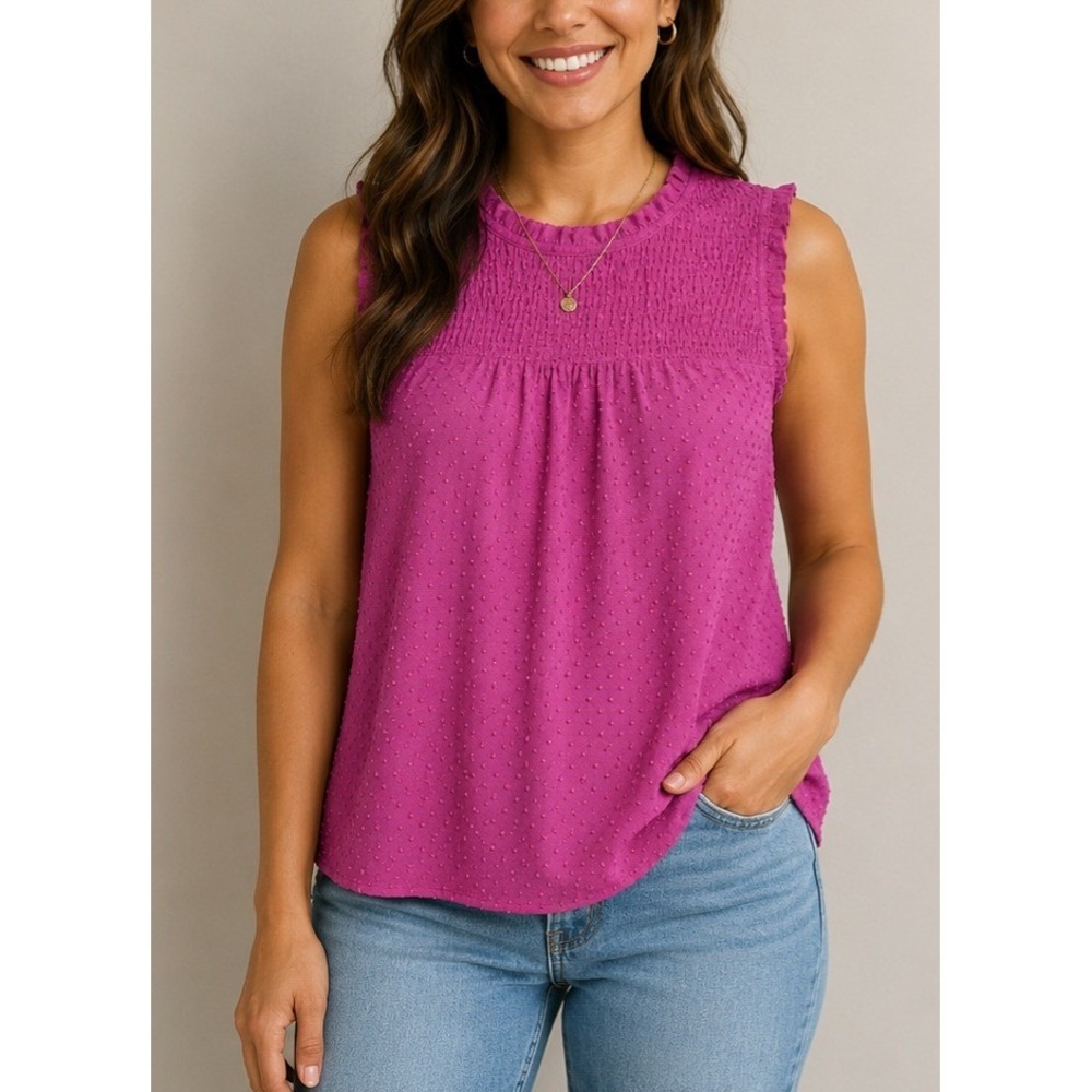 J. Crew Hot Pink Smocked Swiss-Dot‎ Sleeveless Camisole